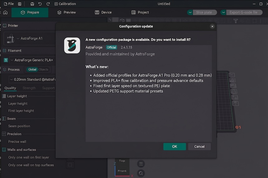 Example OrcaSlicer configuration update dialog showing an official vendor profile update with an Official badge, version number, and a changelog of profile improvements.